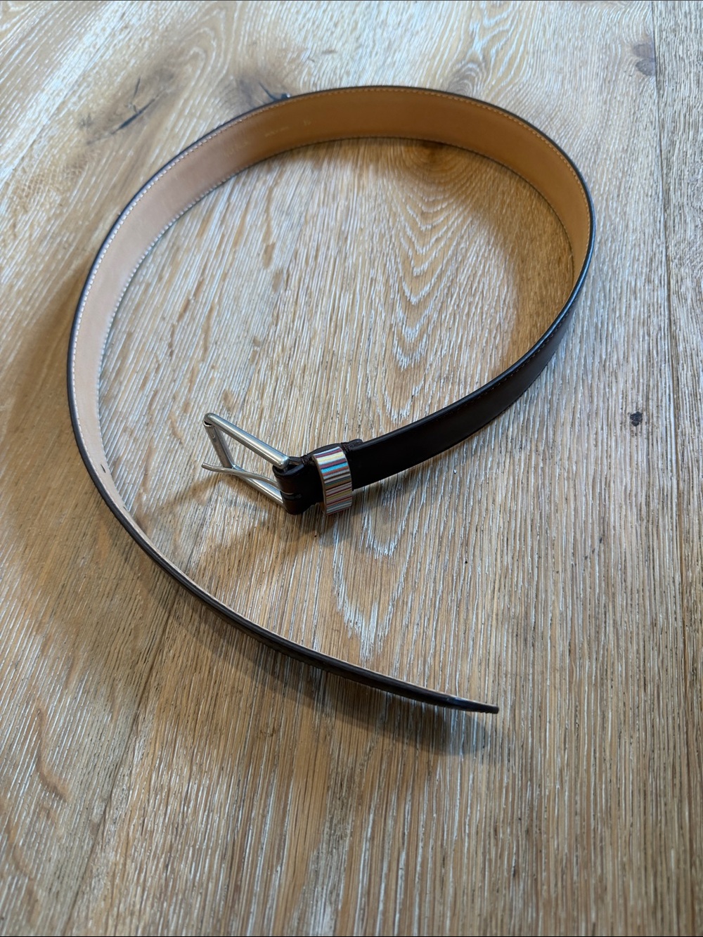 Paul Smith Dark Brown Leather Belt with Multicolor Stripe Keeper